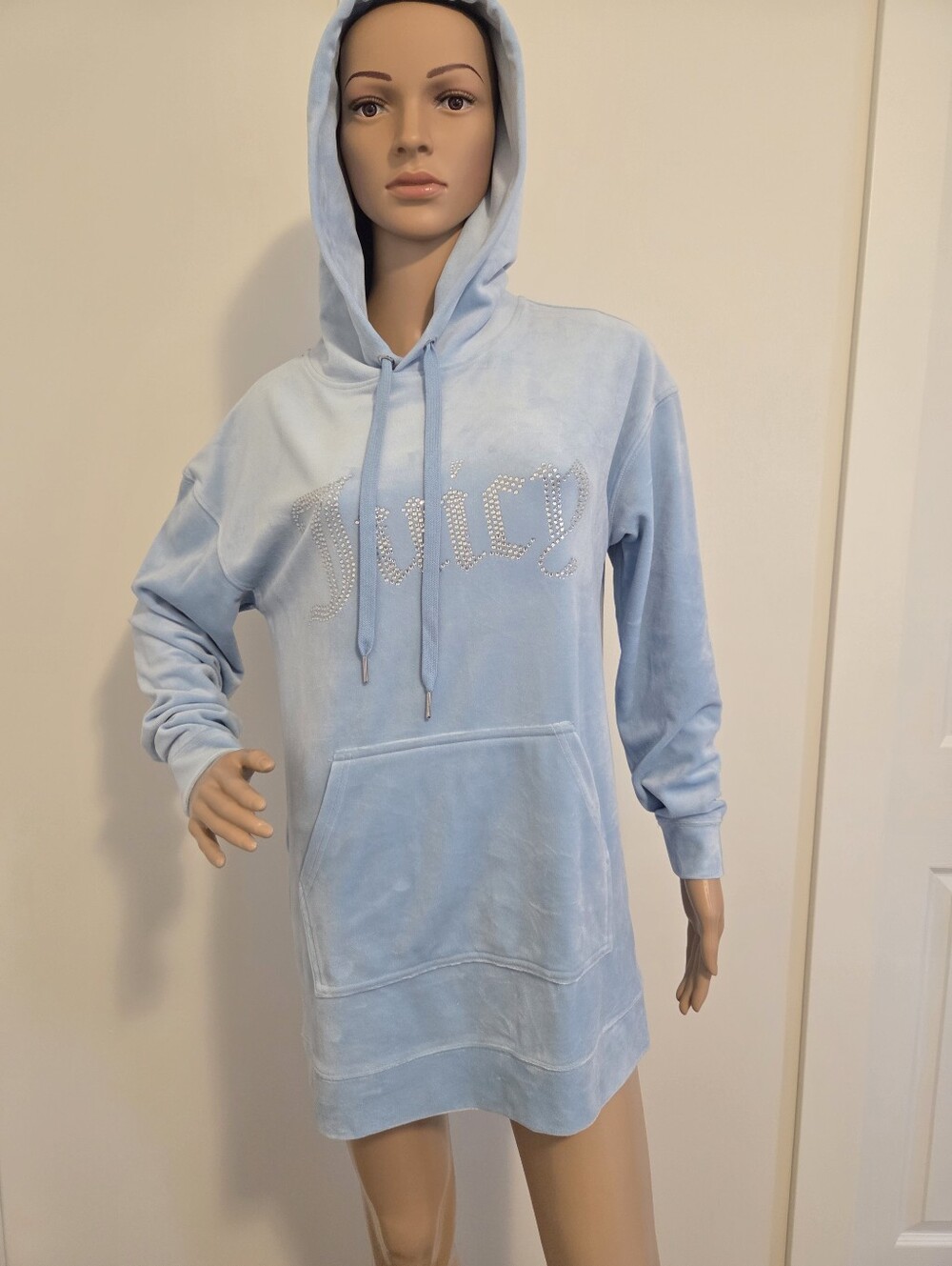 Juicy Couture Frosted Big Bling Velour Hoodie Dress In Pastel Baby Blue